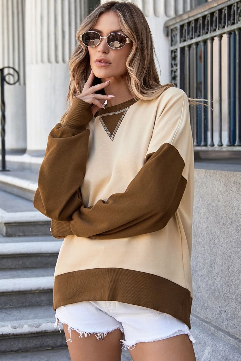 Apricot Color Block Thumbhole Sleeve Drop Shoulder Sweatshirt - Love Salve